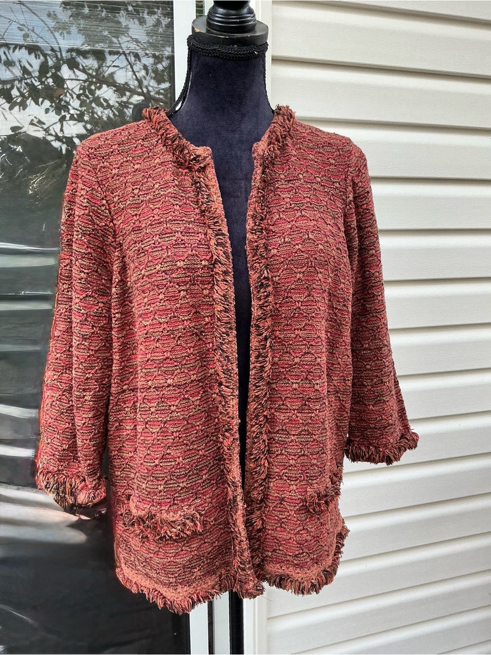 Chico's Frayed-Trim Open-Front Cardigan in Rust Mix